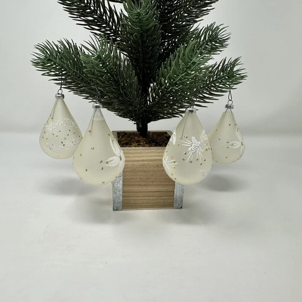 Vintage Glass Christmas Teardrop Ornaments Glitter Star Flower Set 4 Holiday Dec